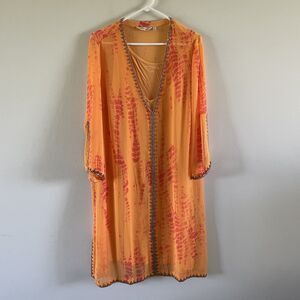 Soft‎ Surroundings Caftan Dress Women’s Size Large Orange Tie Dye Beaded Boho
